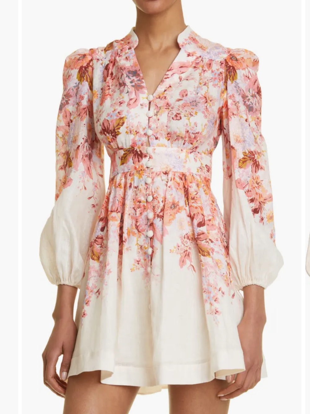 Zimmermann Pink and White Floral Puff-Sleeve Devi plunge Mini Dress - Picture 4 of 16